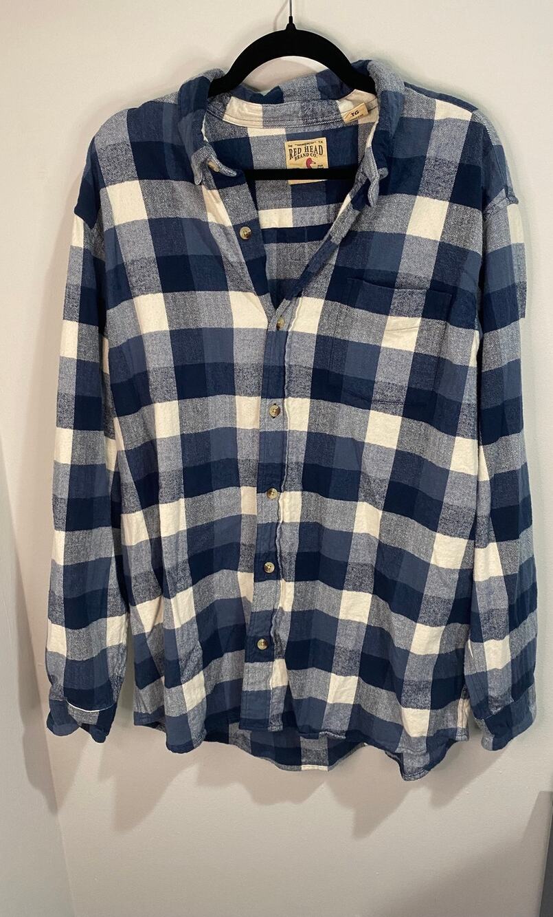 RedHead Flannel Shirt Mens XL Blue Cream Plaid 100% Cotton Relaxed Cabincore EUC